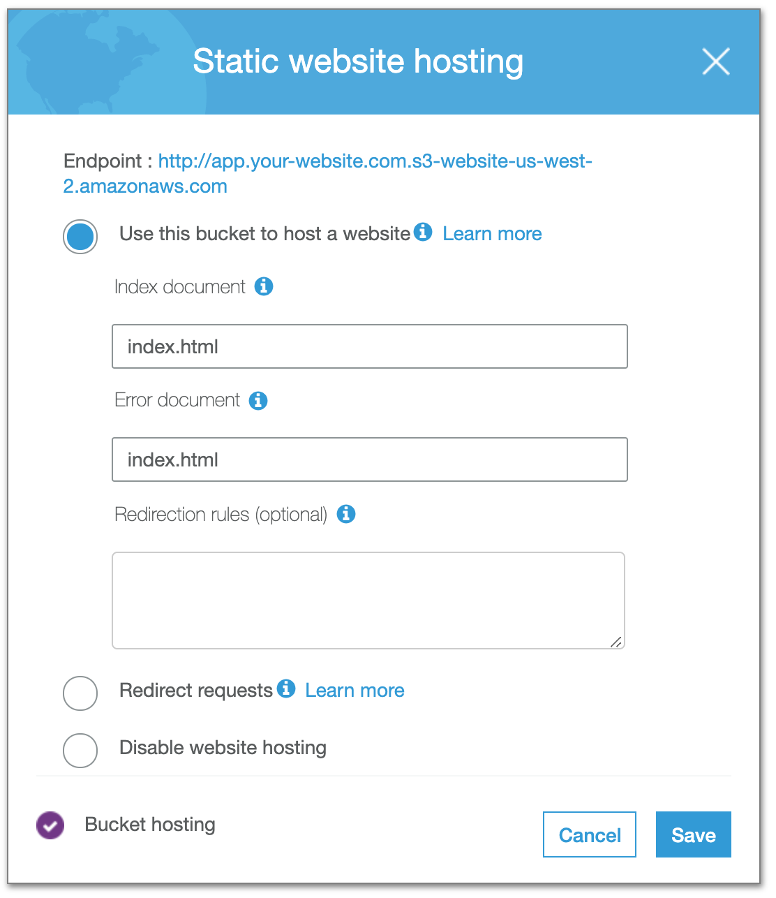 S3 Static Site Options Screenshot